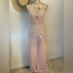 ARUBA BLUE | Women’s Pink Striped Jumpsuit with Flared Wide Leg Size Small